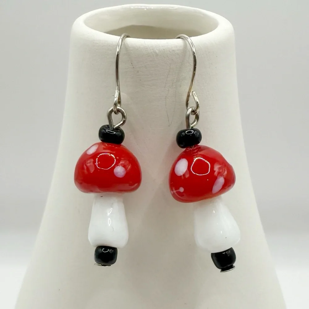 Handmade Red Mushroom Dangle Earrings Cottagecore Fairy